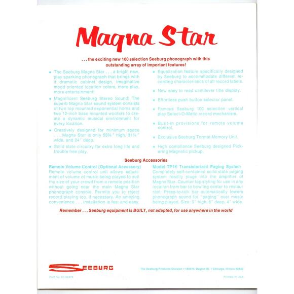 1960s Seeburg Magna Star Jukebox Sales Flyer Chicago Vintage Ephemera - Picture 2 of 2